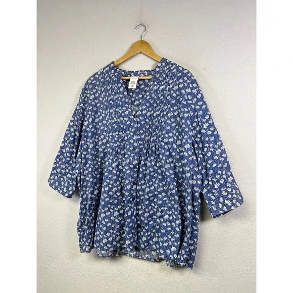 Breathable Button Front Blouse Womens 3XL Blue Floral 100% Cotton Pintuck Top - Picture 9 of 9